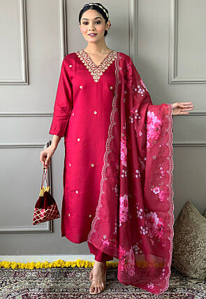Embroidered Chanderi Silk Pakistani Suit in Pink