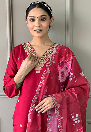 Embroidered Chanderi Silk Pakistani Suit in Pink