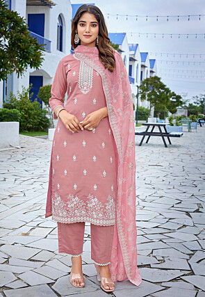 Embroidered Chanderi Silk Pakistani Suit in Pink