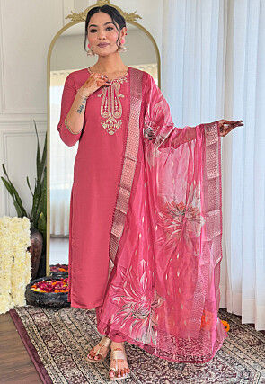 Embroidered Chanderi Silk Pakistani Suit in Pink