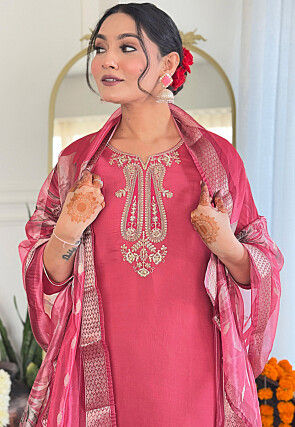 Embroidered Chanderi Silk Pakistani Suit in Pink