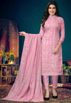 Embroidered Chanderi Silk Pakistani Suit in Pink