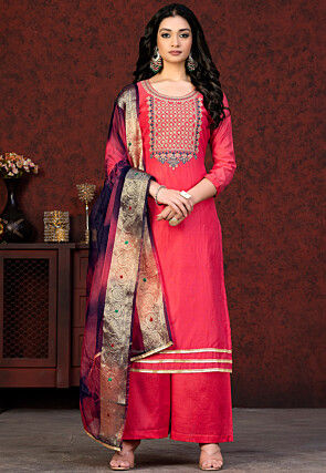Embroidered Chanderi Silk Pakistani Suit in Pink