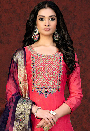 Embroidered Chanderi Silk Pakistani Suit in Pink
