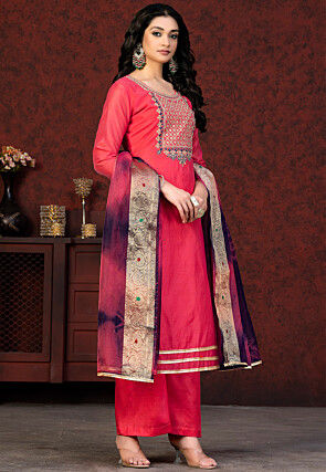 Embroidered Chanderi Silk Pakistani Suit in Pink