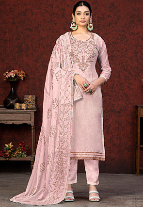 Embroidered Chanderi Silk Pakistani Suit in Pink