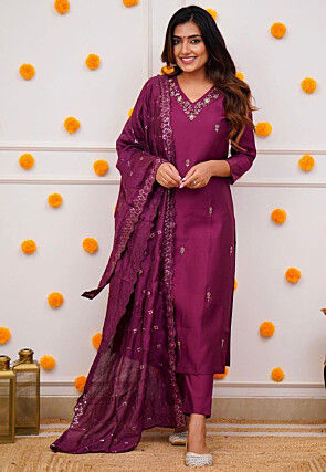 Embroidered Chanderi Silk Pakistani Suit in Purple