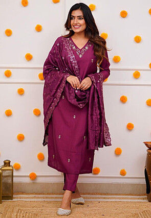 Embroidered Chanderi Silk Pakistani Suit in Purple