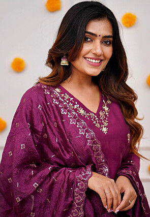 Embroidered Chanderi Silk Pakistani Suit in Purple