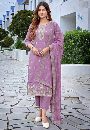 Embroidered Chanderi Silk Pakistani Suit in Purple