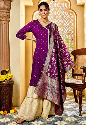 Embroidered Chanderi Silk Pakistani Suit in Purple