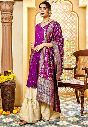 Embroidered Chanderi Silk Pakistani Suit in Purple