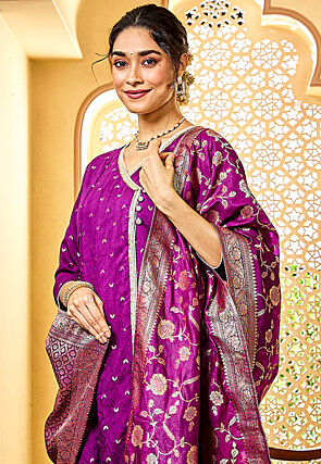Embroidered Chanderi Silk Pakistani Suit in Purple