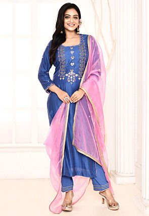 Embroidered Chanderi Silk Pakistani Suit in Royal Blue