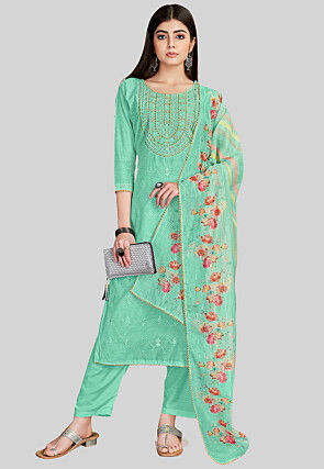 Embroidered Chanderi Silk Pakistani Suit in Sea Green