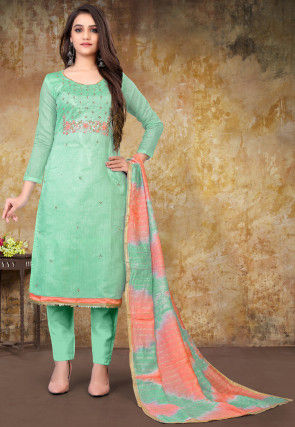 Embroidered Chanderi Silk Pakistani Suit in Sea Green