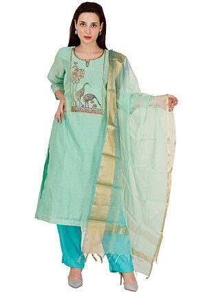 Embroidered Chanderi Silk Pakistani Suit in Sea Green