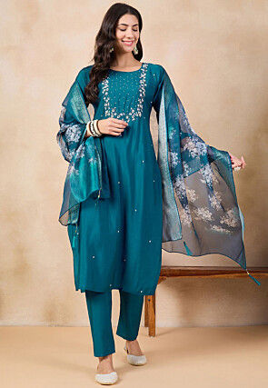 Embroidered Chanderi Silk Pakistani Suit in Teal Blue