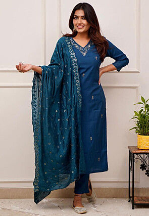 Embroidered Chanderi Silk Pakistani Suit in Teal Blue