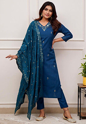 Embroidered Chanderi Silk Pakistani Suit in Teal Blue