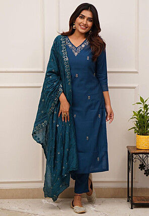 Embroidered Chanderi Silk Pakistani Suit in Teal Blue