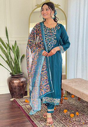 Embroidered Chanderi Silk Pakistani Suit in Teal Blue