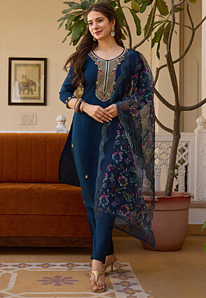 Embroidered Chanderi Silk Pakistani Suit in Teal Blue