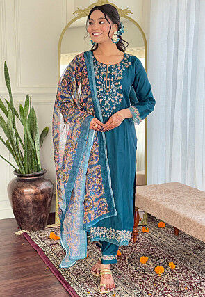 Embroidered Chanderi Silk Pakistani Suit in Teal Blue