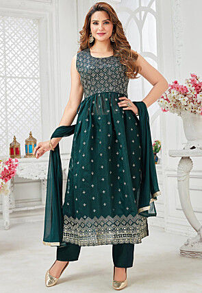 Embroidered Chanderi Silk Pakistani Suit in Teal Green