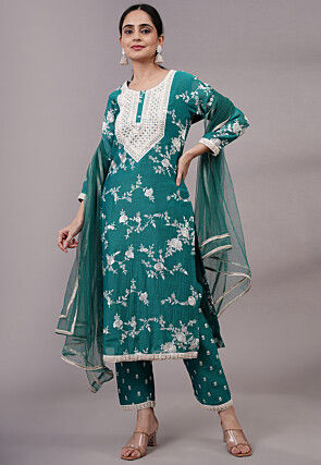 Embroidered Chanderi Silk Pakistani Suit in Teal Green