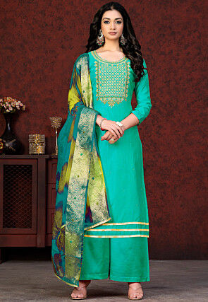 Embroidered Chanderi Silk Pakistani Suit in Turquoise