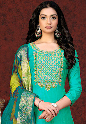 Embroidered Chanderi Silk Pakistani Suit in Turquoise
