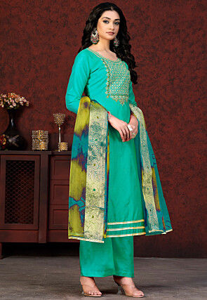 Embroidered Chanderi Silk Pakistani Suit in Turquoise