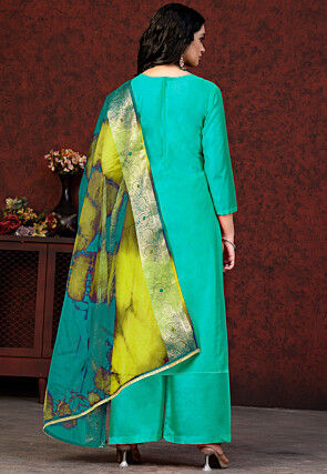Embroidered Chanderi Silk Pakistani Suit in Turquoise