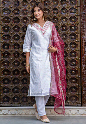 Embroidered Chanderi Silk Jacquard Pakistani Suit in White
