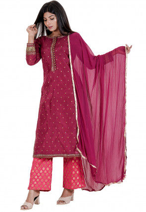 Embroidered Chanderi Silk Pakistani Suit in Wine