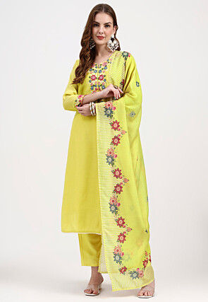 Embroidered Chanderi Silk Pakistani Suit in Yellow