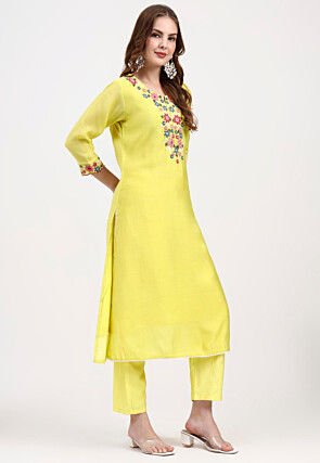 Embroidered Chanderi Silk Pakistani Suit in Yellow