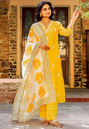 Embroidered Chanderi Silk Pakistani Suit in Yellow