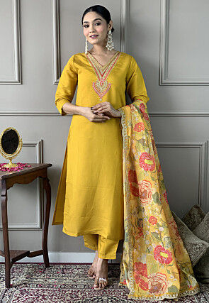 Embroidered Chanderi Silk Pakistani Suit in Yellow
