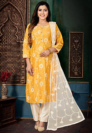 Embroidered Chanderi Silk Pakistani Suit in Yellow