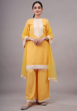 Embroidered Chanderi Silk Pakistani Suit in Yellow