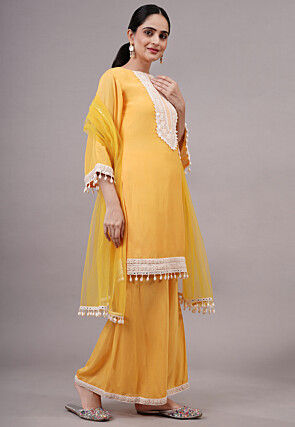 Embroidered Chanderi Silk Pakistani Suit in Yellow