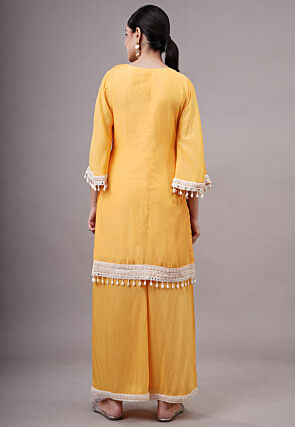 Embroidered Chanderi Silk Pakistani Suit in Yellow
