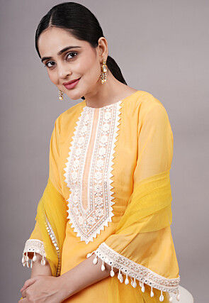 Embroidered Chanderi Silk Pakistani Suit in Yellow