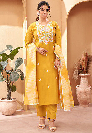 Embroidered Chanderi Silk Pakistani Suit in Yellow