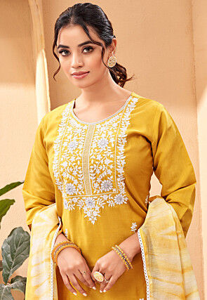 Embroidered Chanderi Silk Pakistani Suit in Yellow