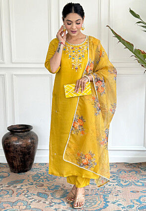 Embroidered Chanderi Silk Pakistani Suit in Yellow