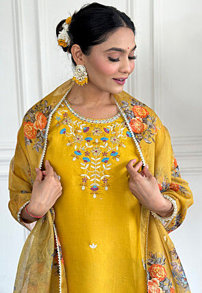Embroidered Chanderi Silk Pakistani Suit in Yellow