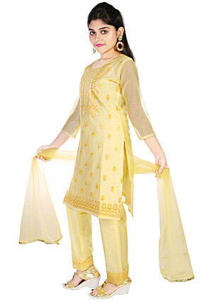 Embroidered Chanderi Silk Pakistani Suit in Yellow